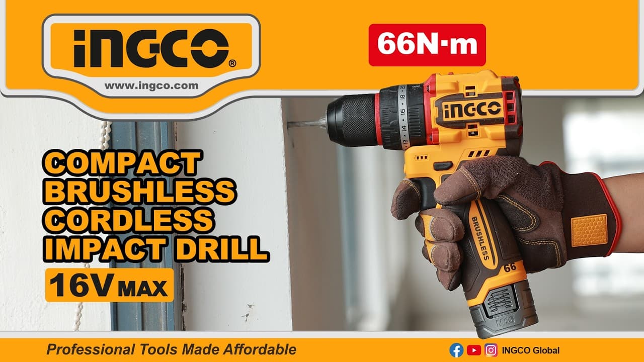 Miniatură video: 16V 66N·m Brushless Cordless Impact Drill Machine Compact 22+1+1 Torque Setting INGCO CIDLI166062