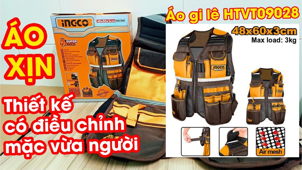 Miniatură video: Áo gi lê đựng dụng cụ INGCO HTVT09028 xịn đẹp có điều chỉnh size mặc vừa người, có dạ quang tiện ích
