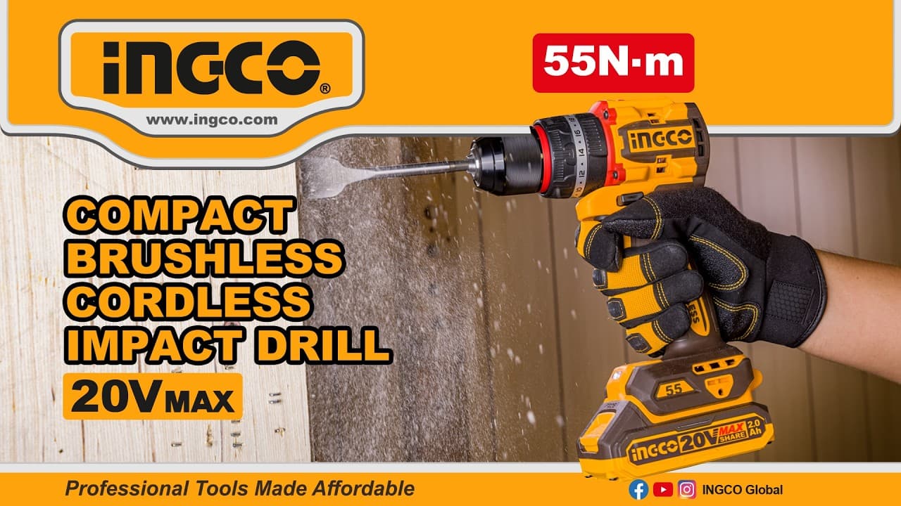 Miniatură video: 20V 55N·m Brushless Cordless Impact Drill Machine Compact INGCO CIDLI20558