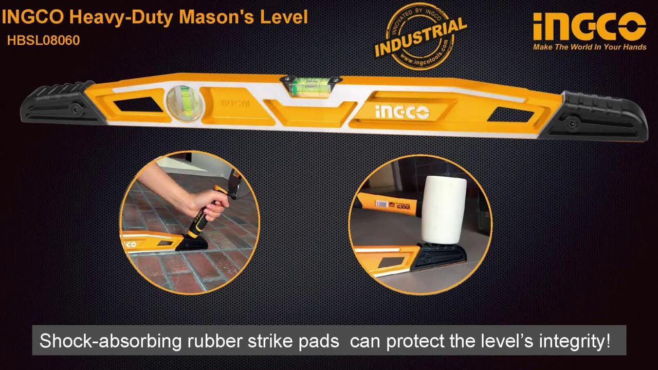 Miniatură video: Nivel 2 burbujas Industrial 60cm Aluminio Macizo Uso Rudo INGCO HBSL08060 Con protección anti golpes