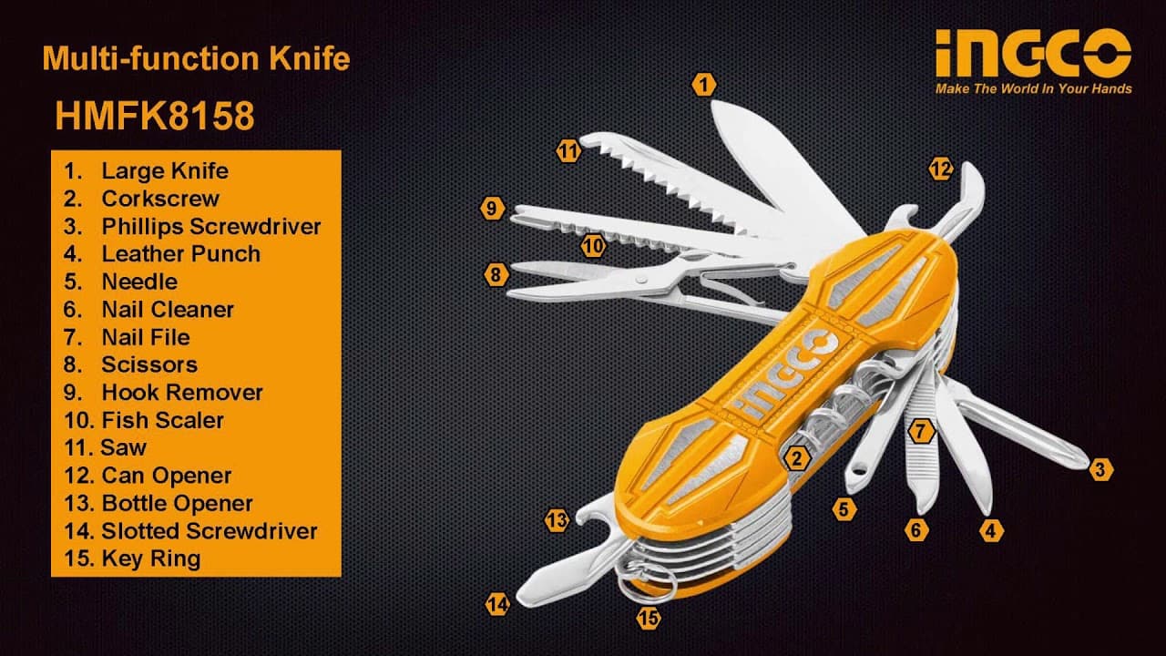 Miniatură video: INGCO: HMFK8158 - COLTELLO MULTIFUNZIONE
