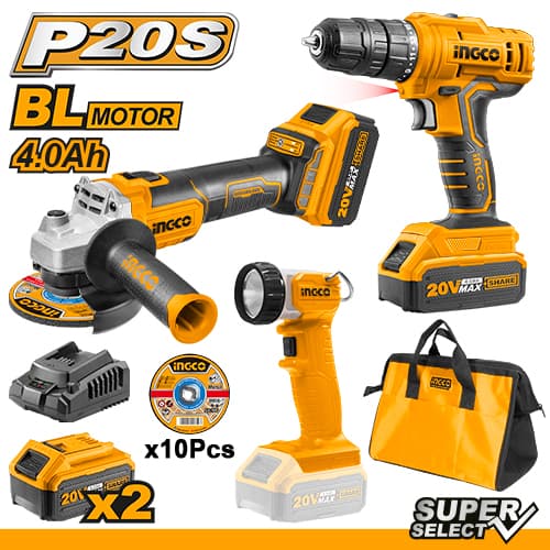 Bormasina 20V +Polizor Unghiular BL + Lanterna cu 2 Acumulatori 4Ah