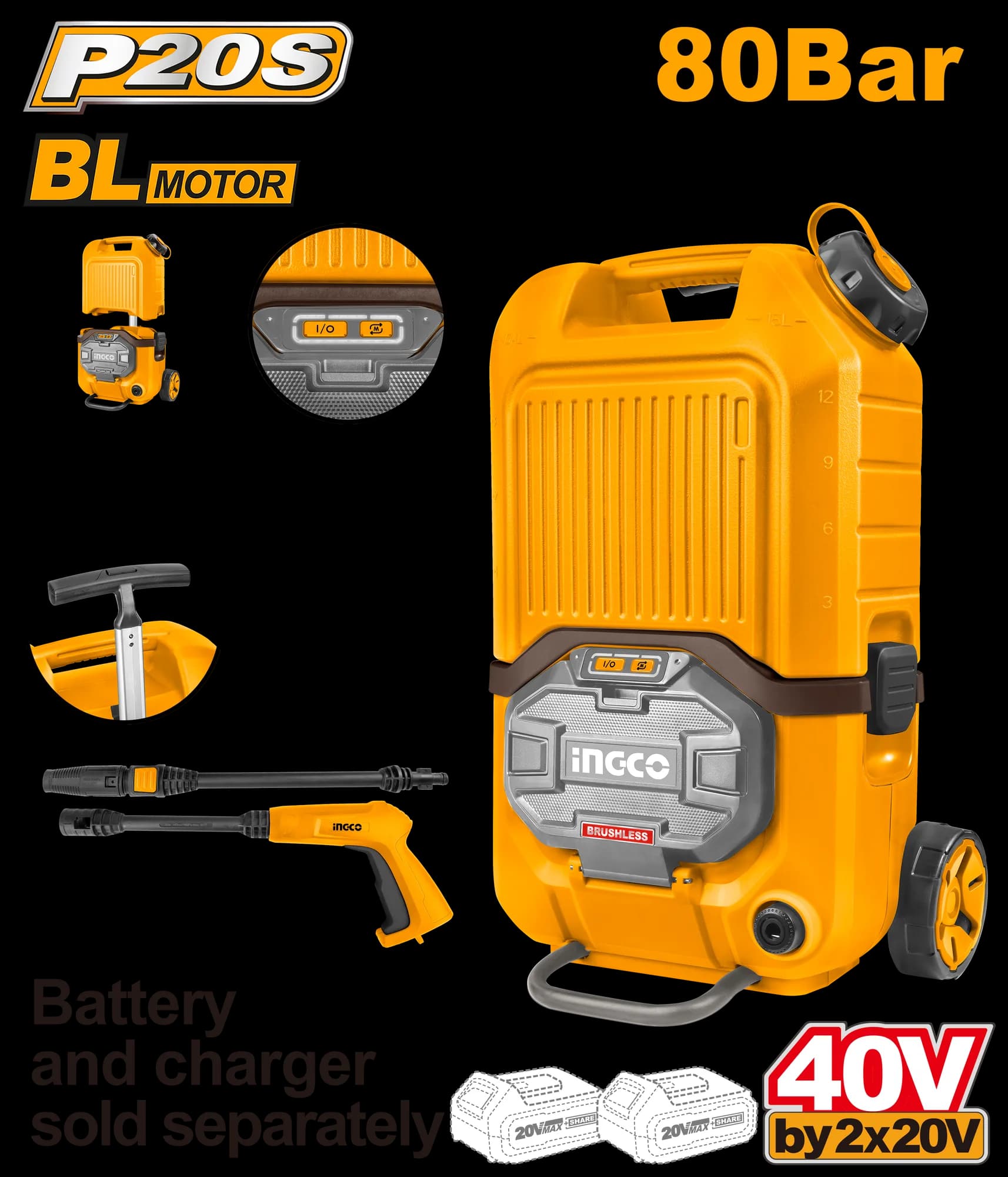 Aparat de Spalat cu Presiune 40V Rezervor 15L