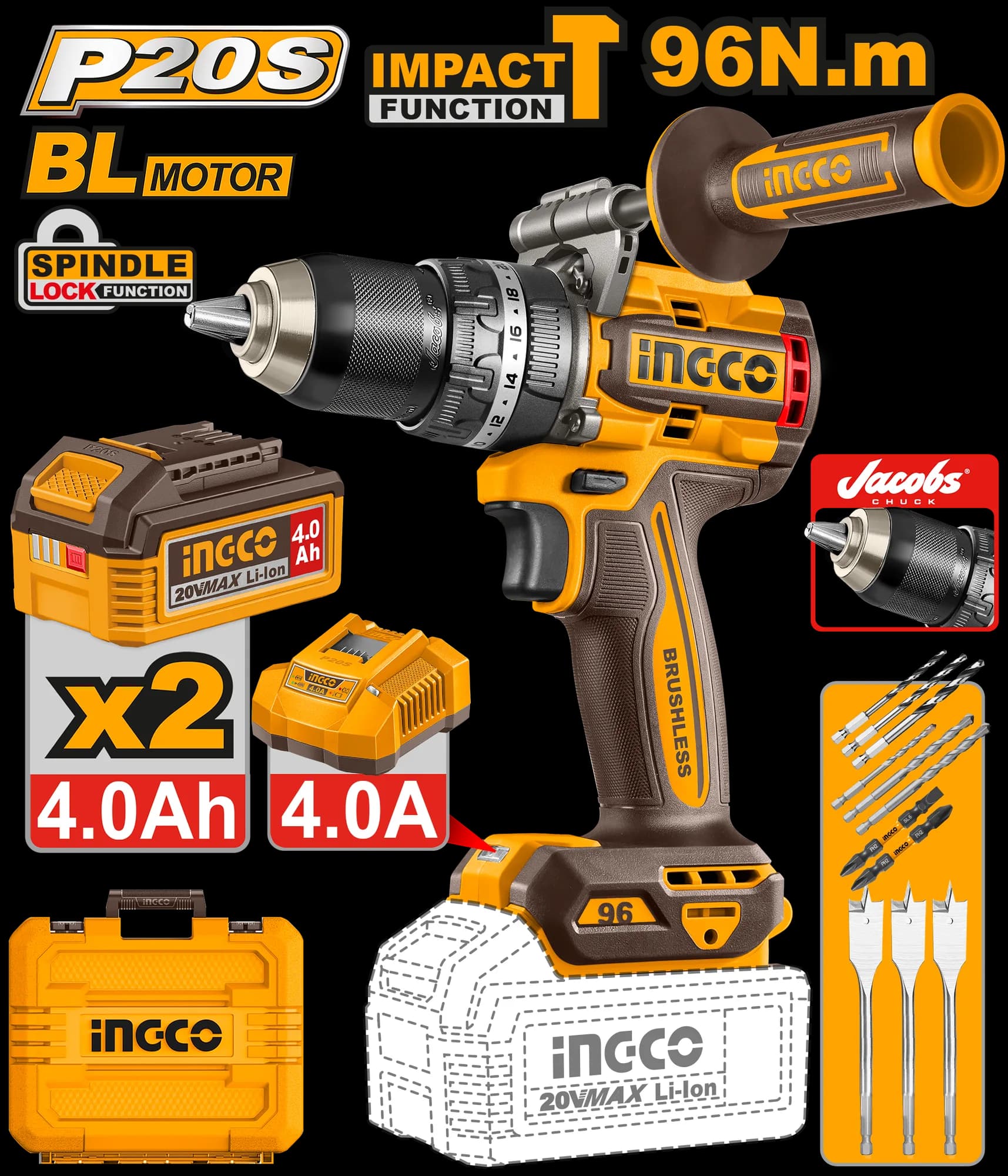 Bormasina 20V 96Nm cu Impact Baterii si Acumulator