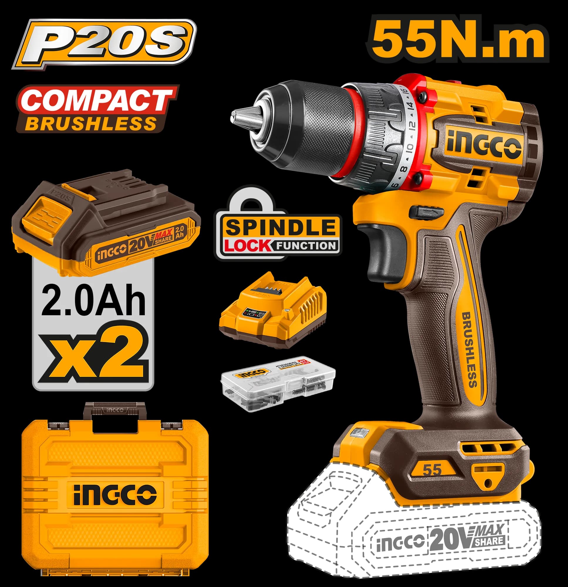 Bormasina 20V 55Nm cu 2 Acumulatori