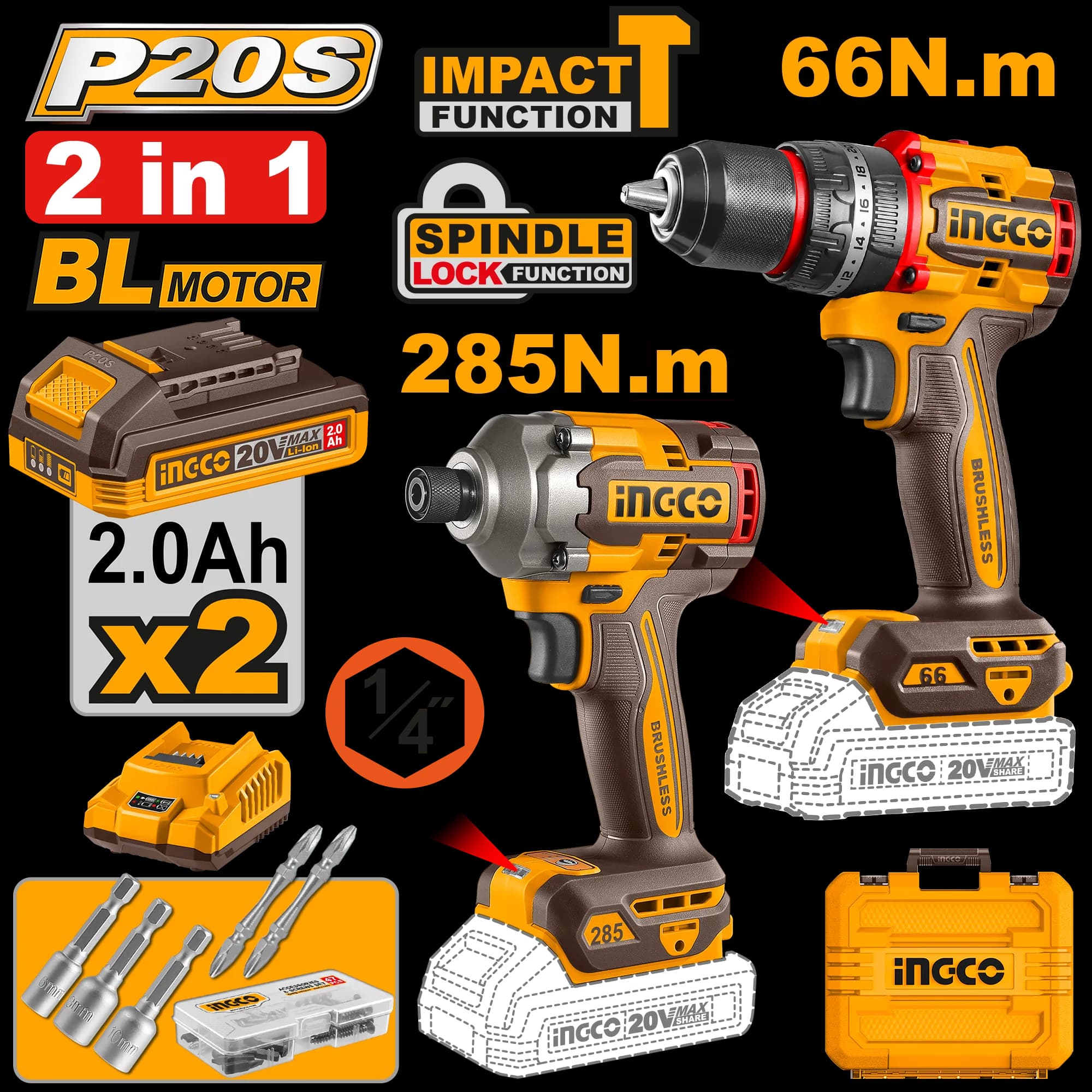Bormasina 20V 66nm cu Impact +Filetanta 20V 1/4 285nm