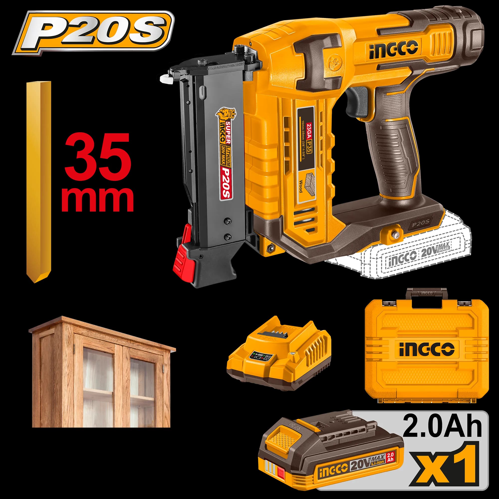 Pistol Cuie 20V Industrial pentru Lemn 35mm cu 1 Acumulator
