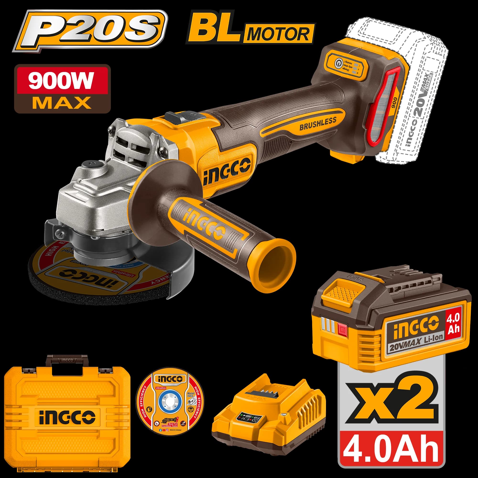 Flex Unghiular 20V 115mm 900W cu 2 Acumulatori 4Ah