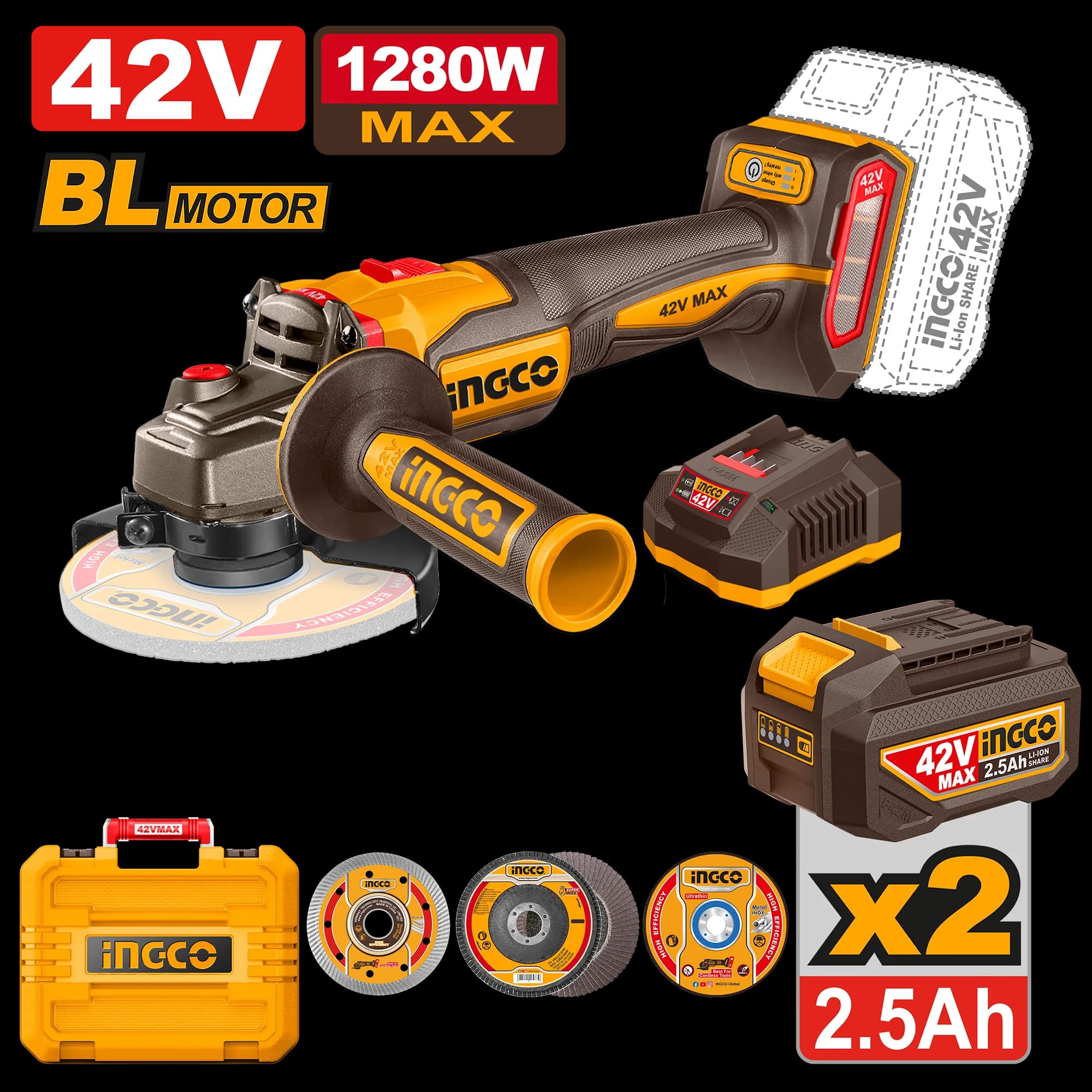 Flex Unghiular 42V cu 2 Acumulatori 2.5Ah