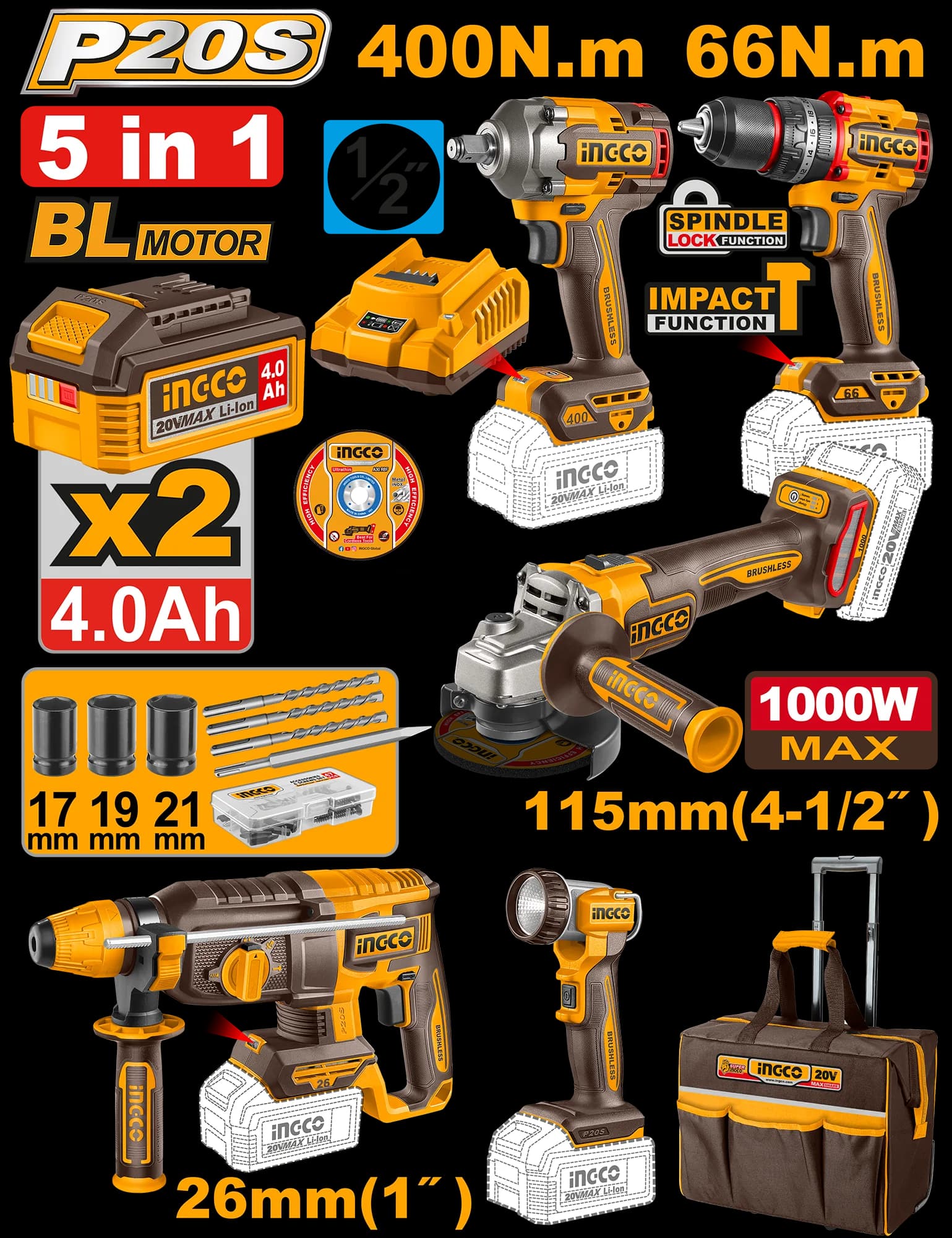 Set Geanta cu Filetanta Bormasina Flex Picamer Lanterna 20V si 2 Acumulatori 4Ah
