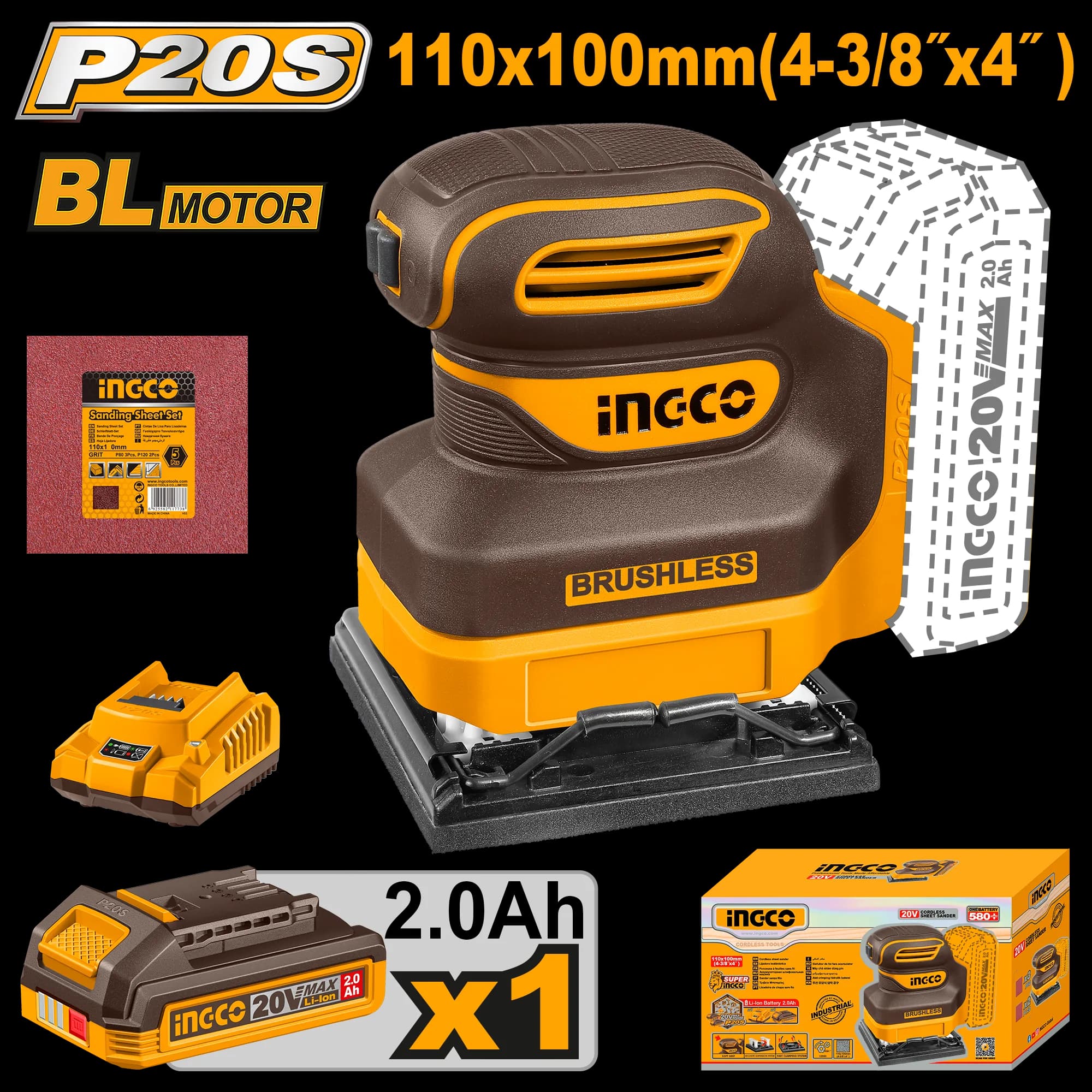 Slefuitor 20V BL 110x100mm cu Acumulator 2Ah