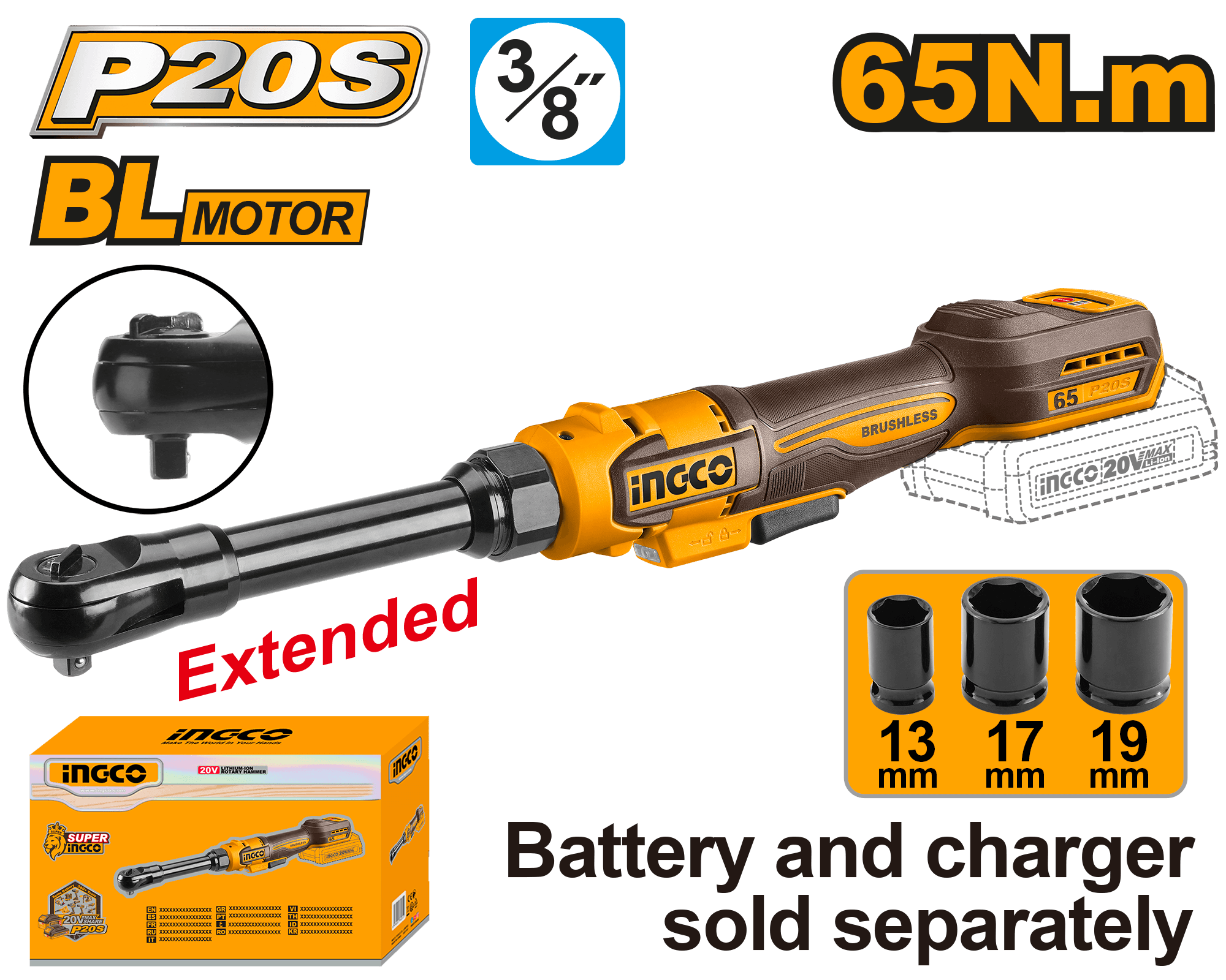 Antrenor cu clichet 20V 3/8 Gat Lung 17cm INGCO