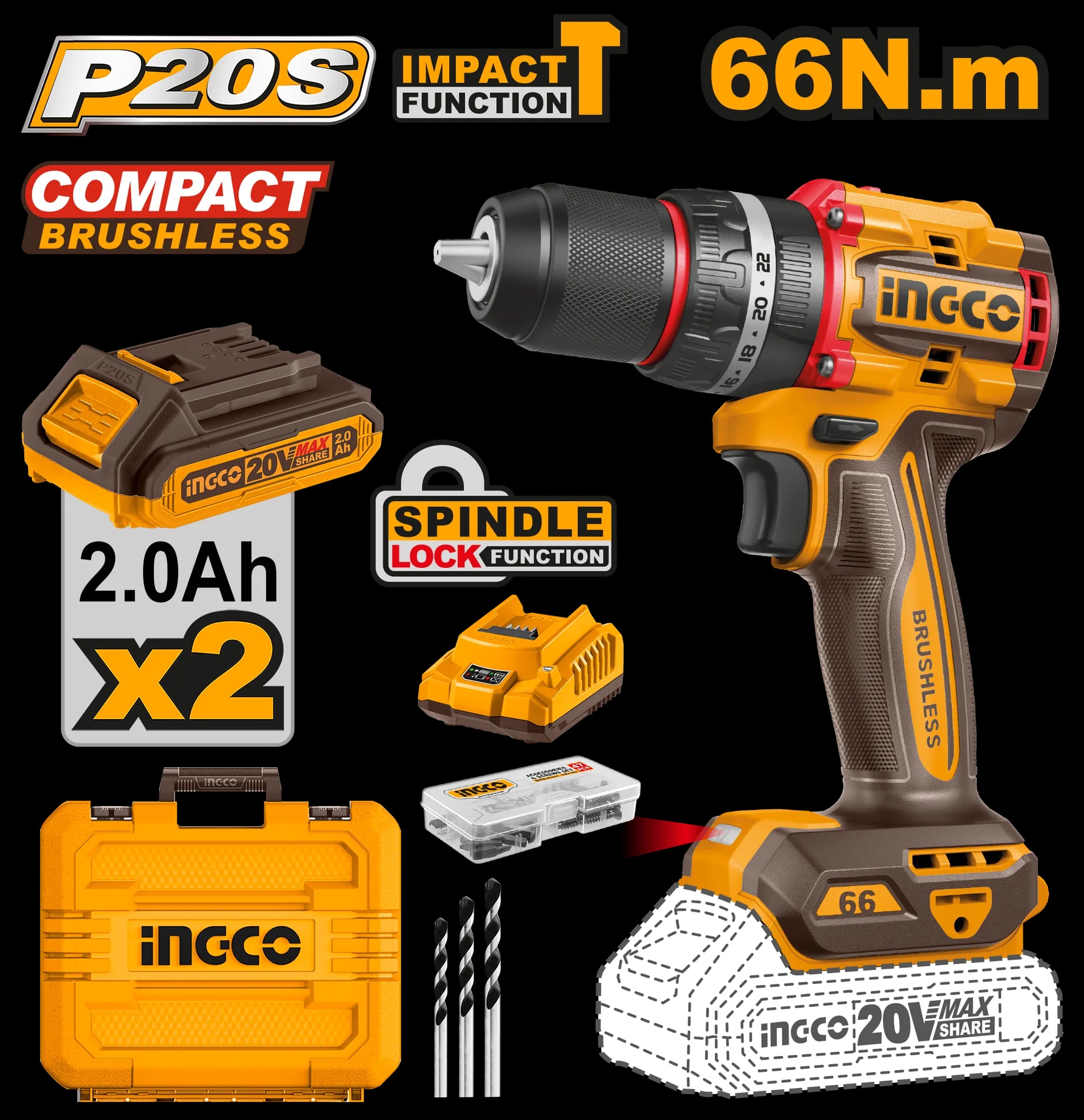 Bormasina 20V cu Impact 66Nm cu 2 Acumulatori
