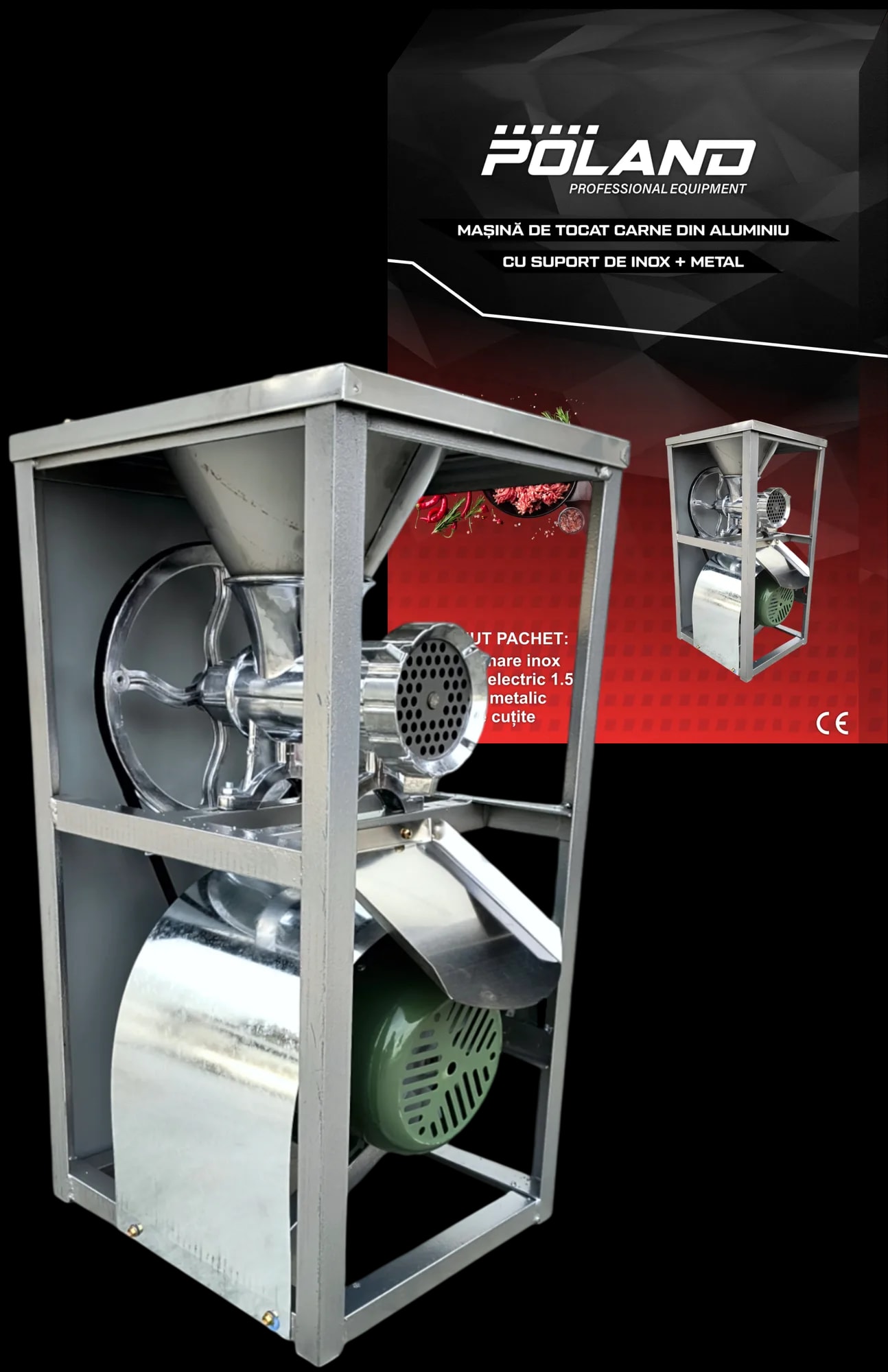 Masina Tocat Carne Poland 1.5 KW din Aluminiu cu Suport Inox