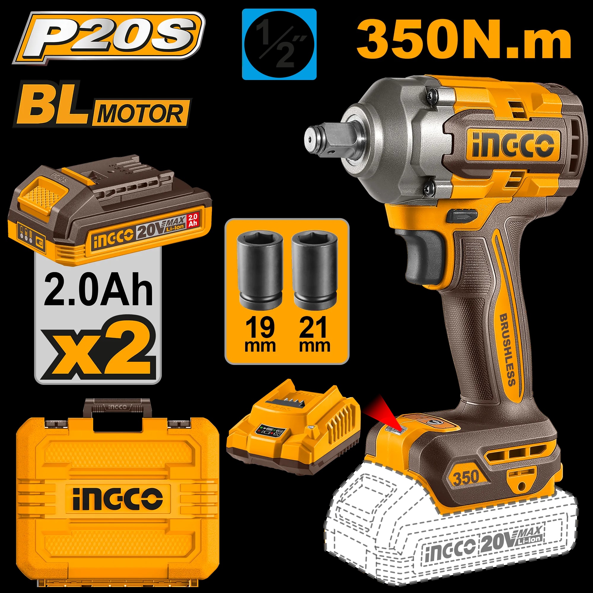 Filetanta 20V 1/2 350Nm cu 2 Acumulatori