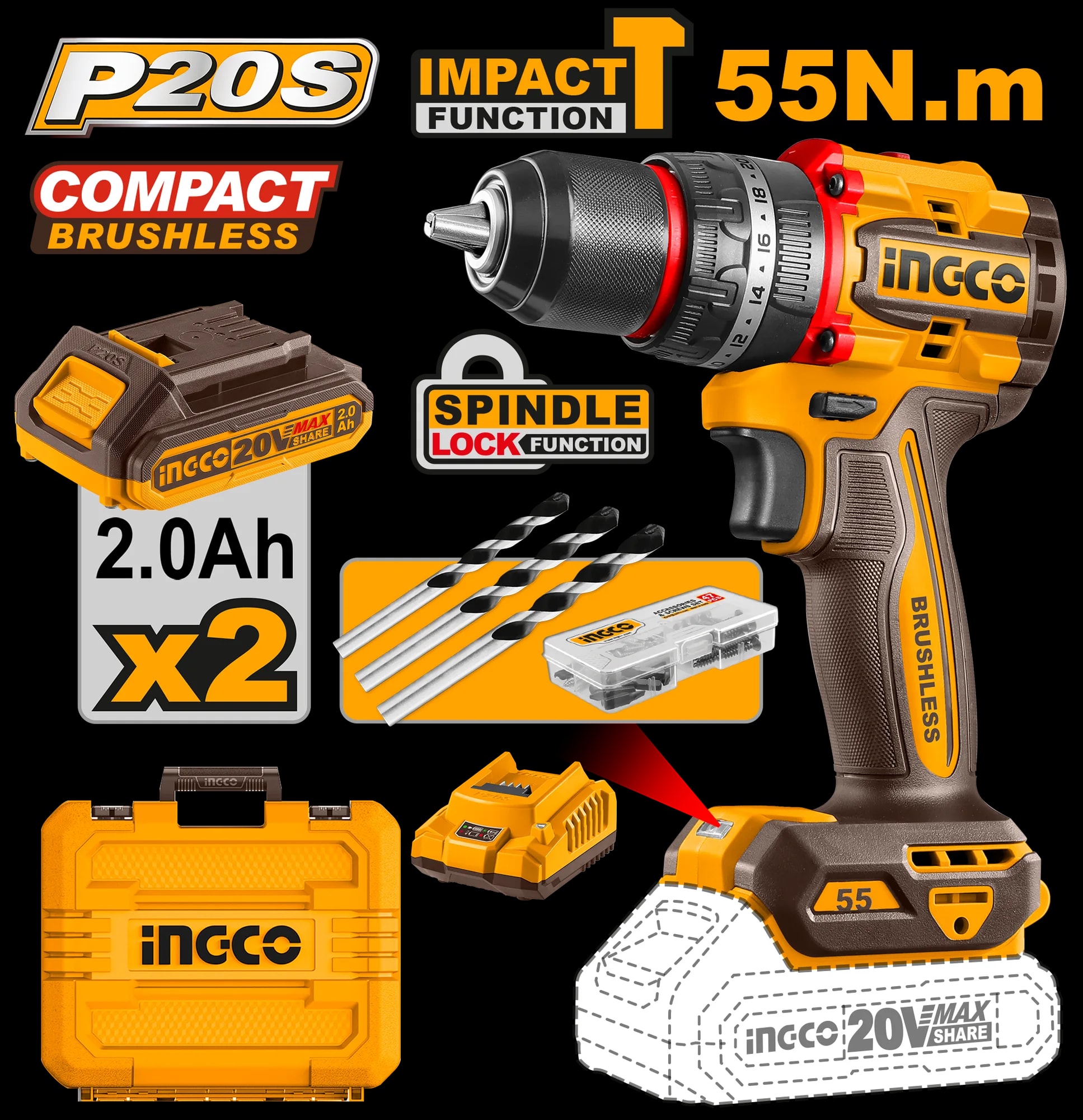 Bormasina 20V Impact 55Nm cu 2 Acumulatori