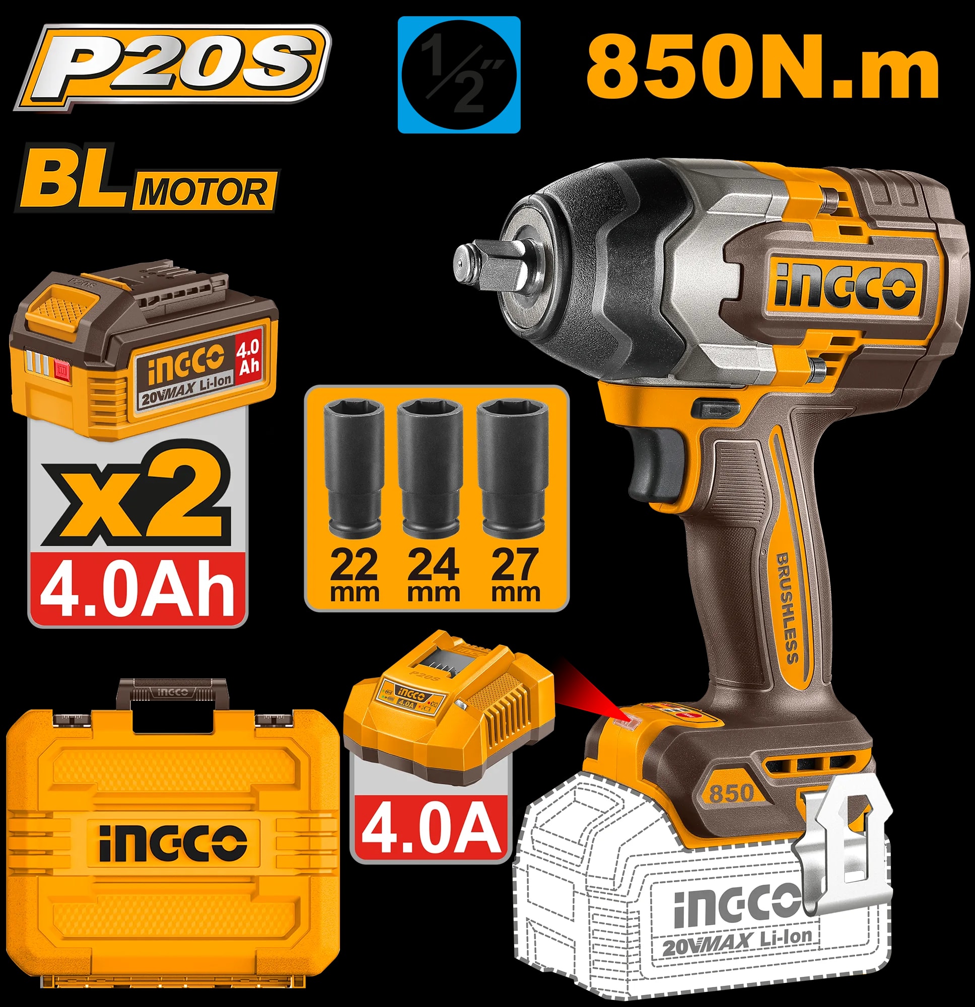 Filetanta 20V 1/2 850Nm cu 2 Acumulatori 4Ah
