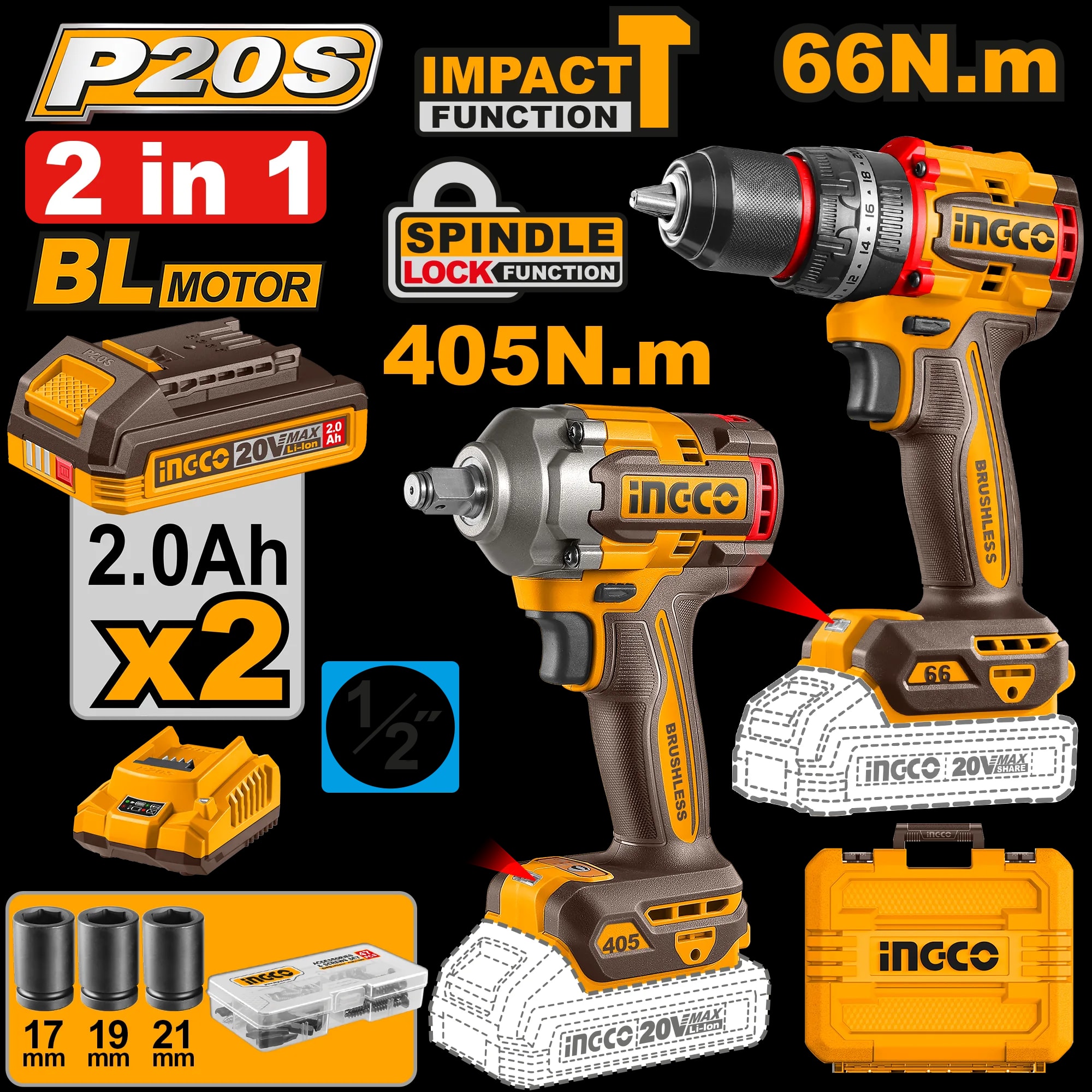 Bormasina 20V 66Nm cu Impact + Filetanta 20V 405Nm si Set 2 Acumulatori