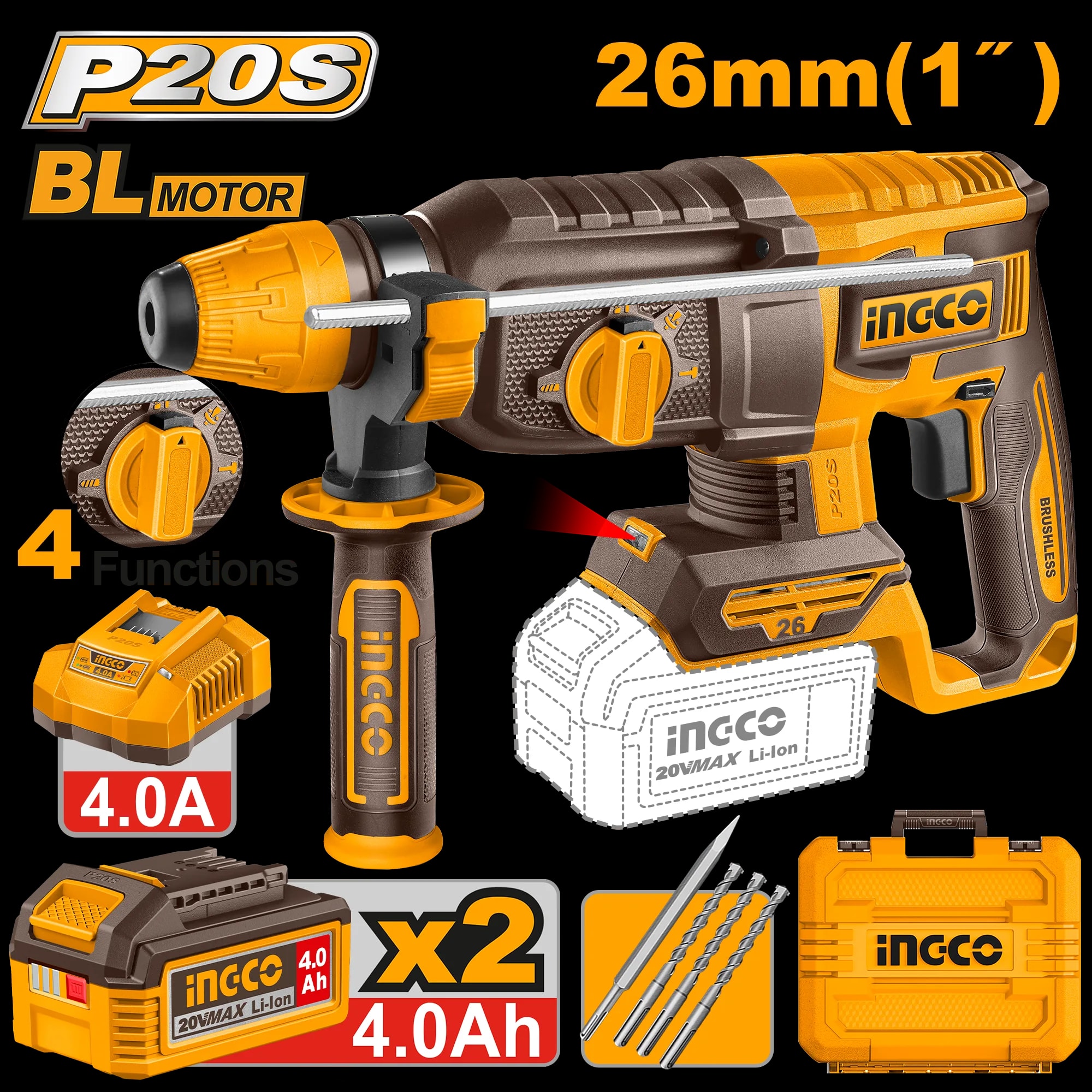 Ciocan Rotopercutor 20V BL 26mm cu 2 Acumulatori 4Ah