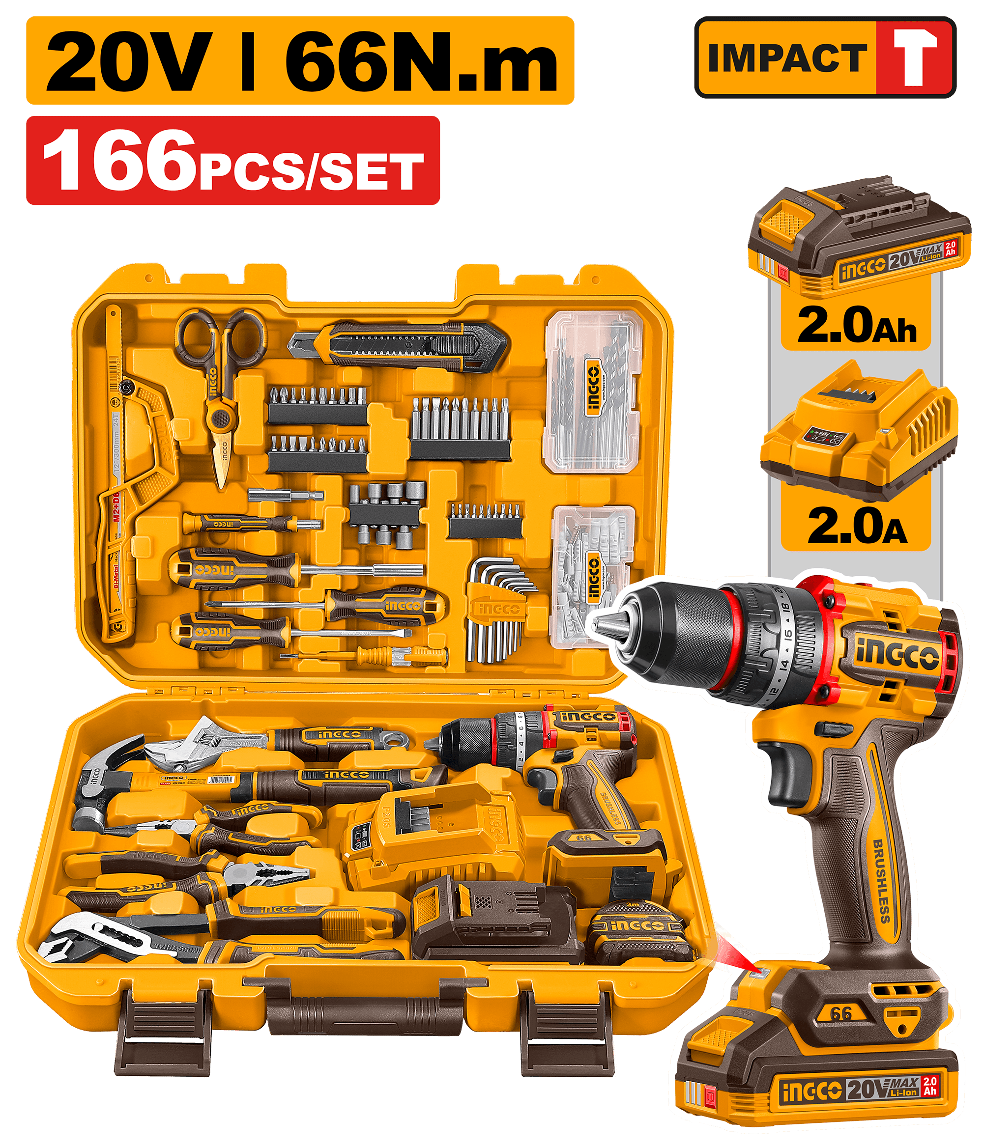 Set Bormasina 20V 66Nm cu Acumulator 2Ah si Trusa Scule 166 Piese