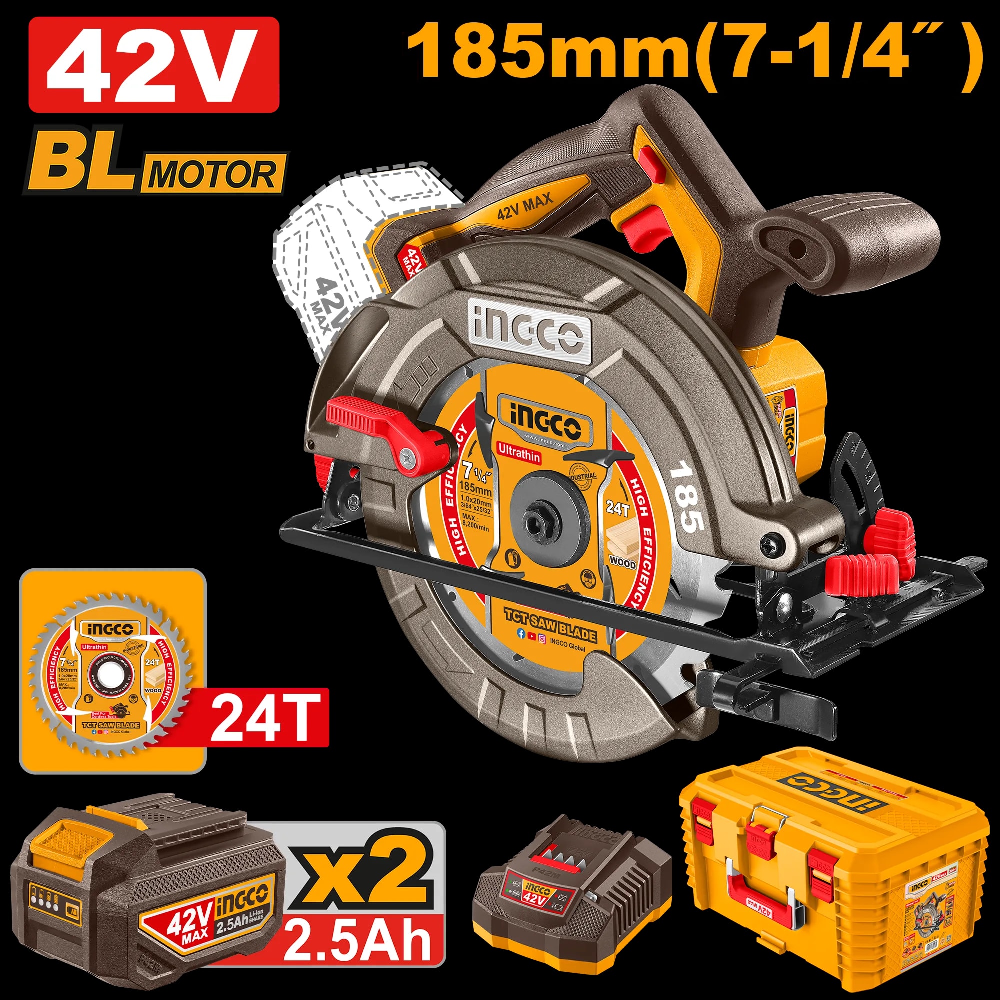Fierastrau Circular 42V 185mm cu 2 Acumulatori