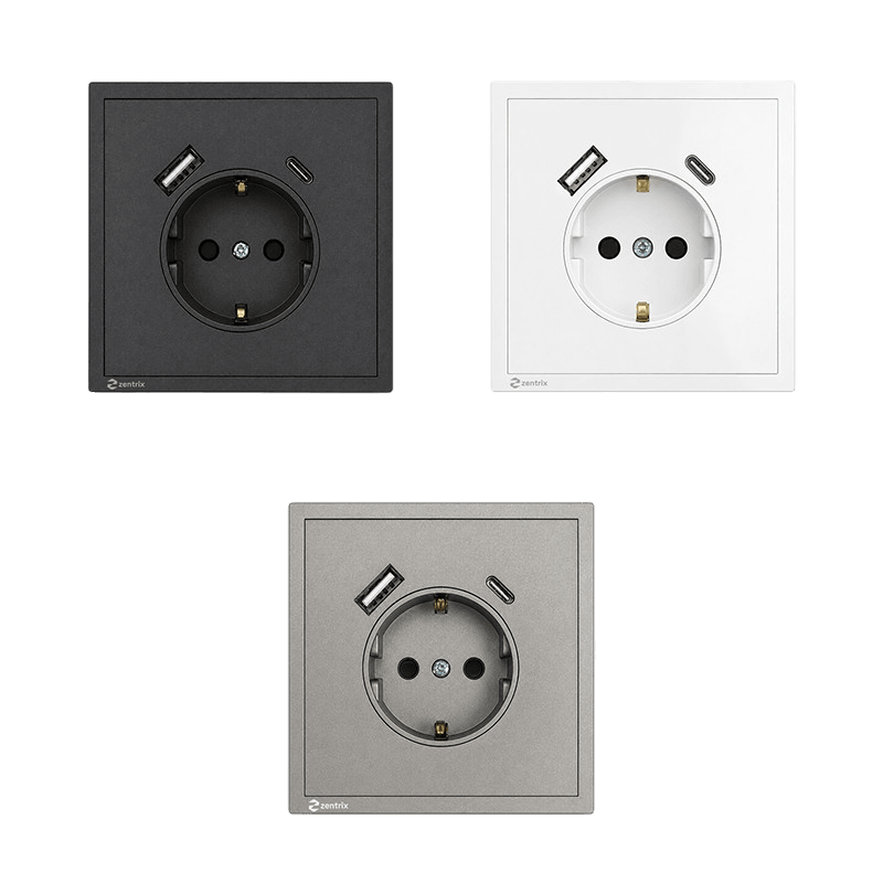 Priza cu USB + Type-C  5V / 2000 mA, 80 x 80 mm GRI