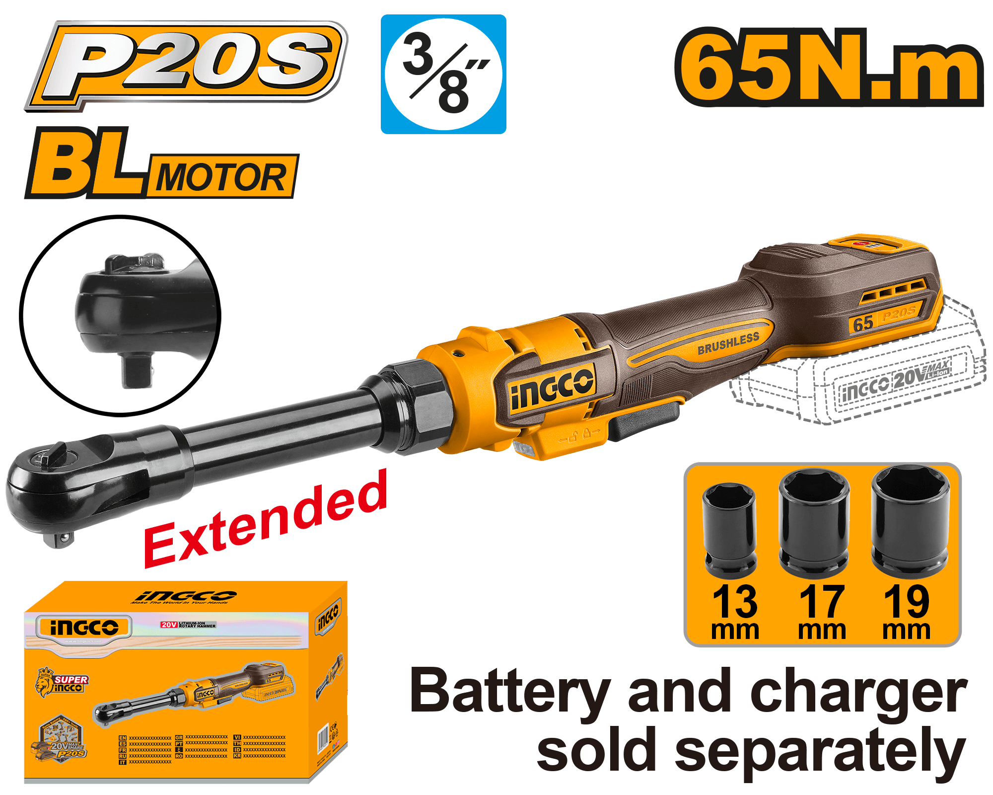 Antrenor cu clichet 20V 3/8 Gat Lung 17cm INGCO