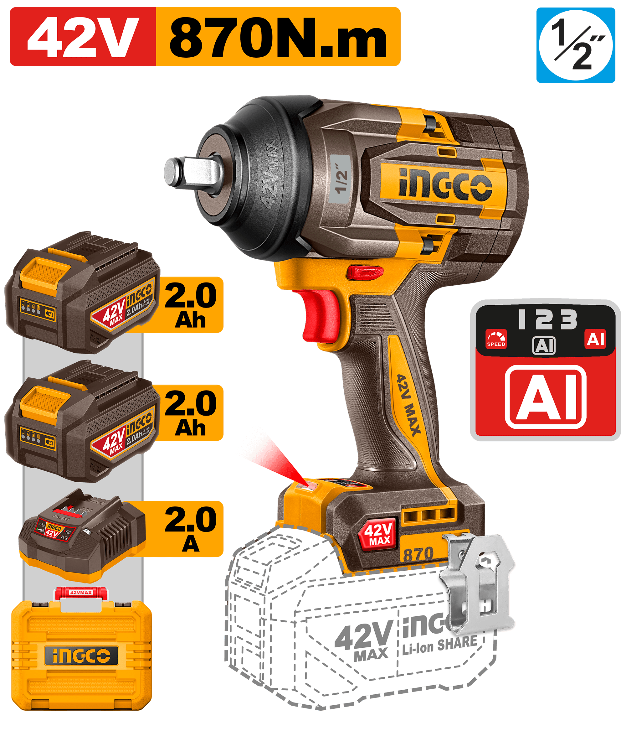 Filetanta 42V 1/2 850 Nm cu 2 Acumulatori 2.0Ah INGCO