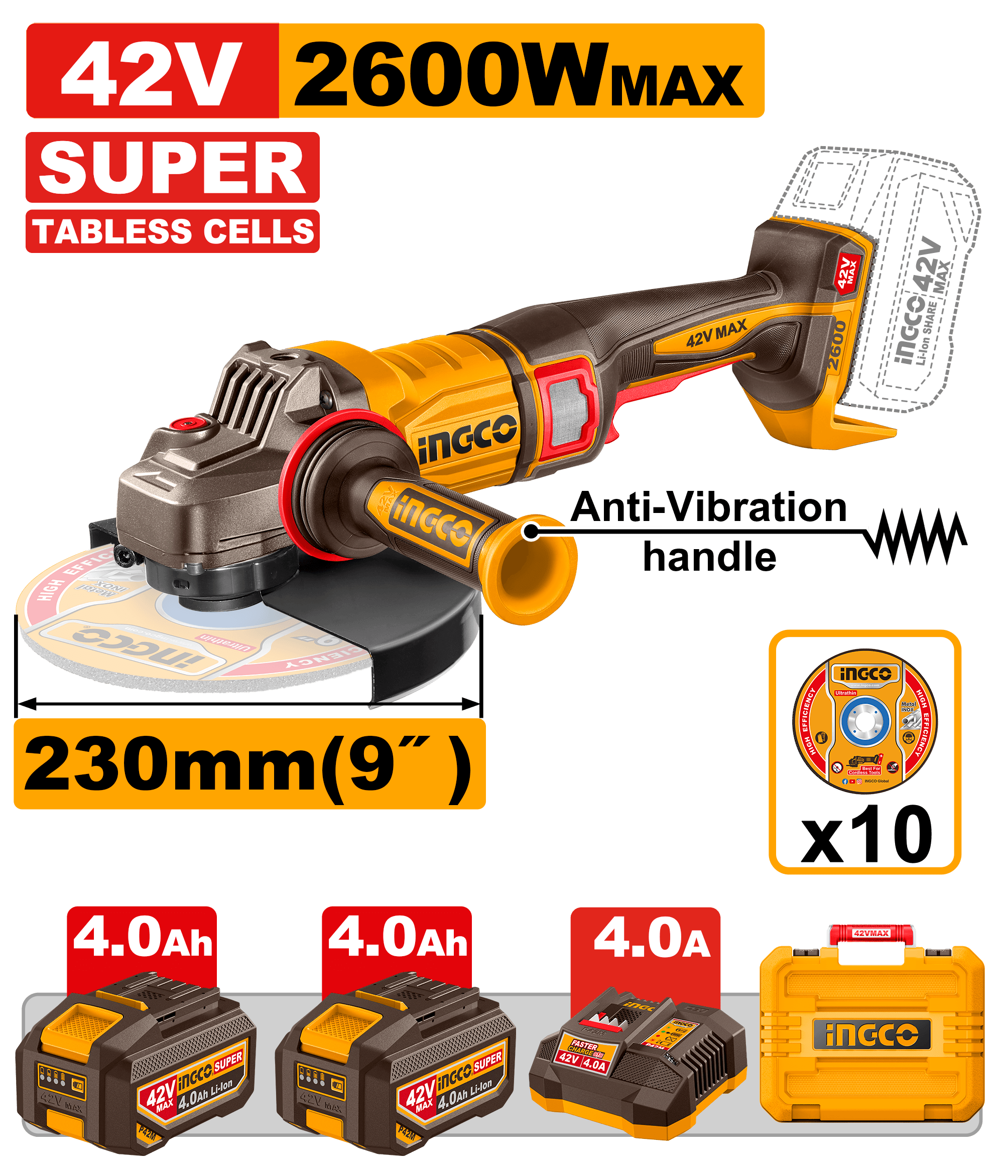 Flex Unghiular 42V 230mm cu 2 Acumulatori 4Ah INGCO