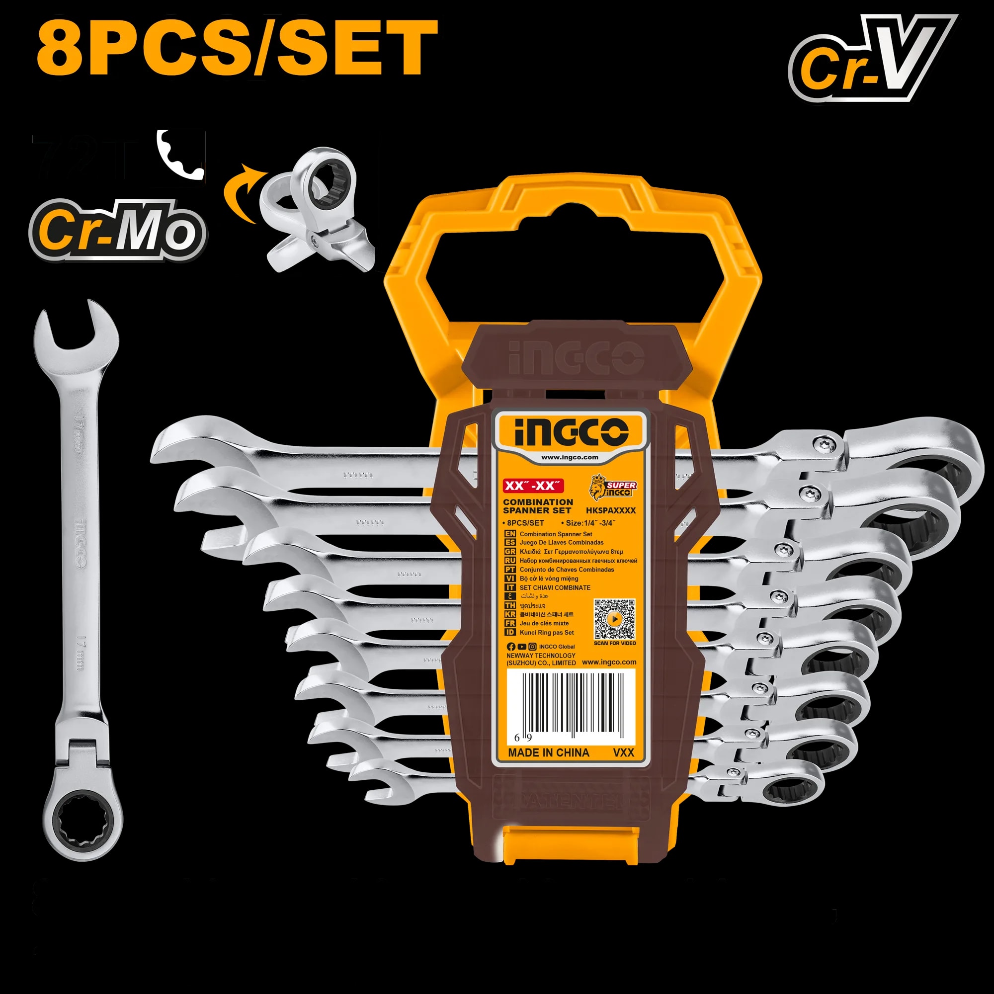 Trusa Chei Combinate cu Clichet cu Cap Flexibil 8-19mm 8 buc